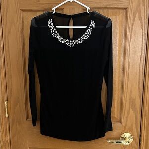 INC International Concepts Black Top with Embellished Neckline